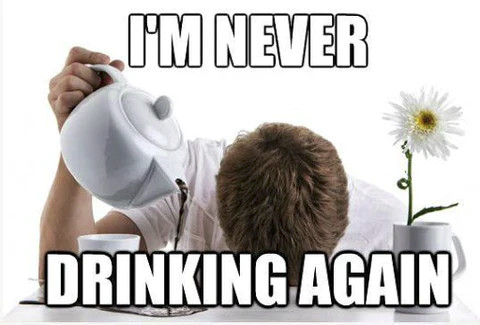 A picture of a person with their head down pouring coffee all over the place captioned &quot;I&#39;m never drinking again&quot;