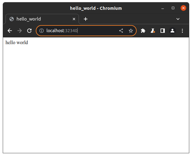 An image of our simple hello world application running inside a Chromium browser window