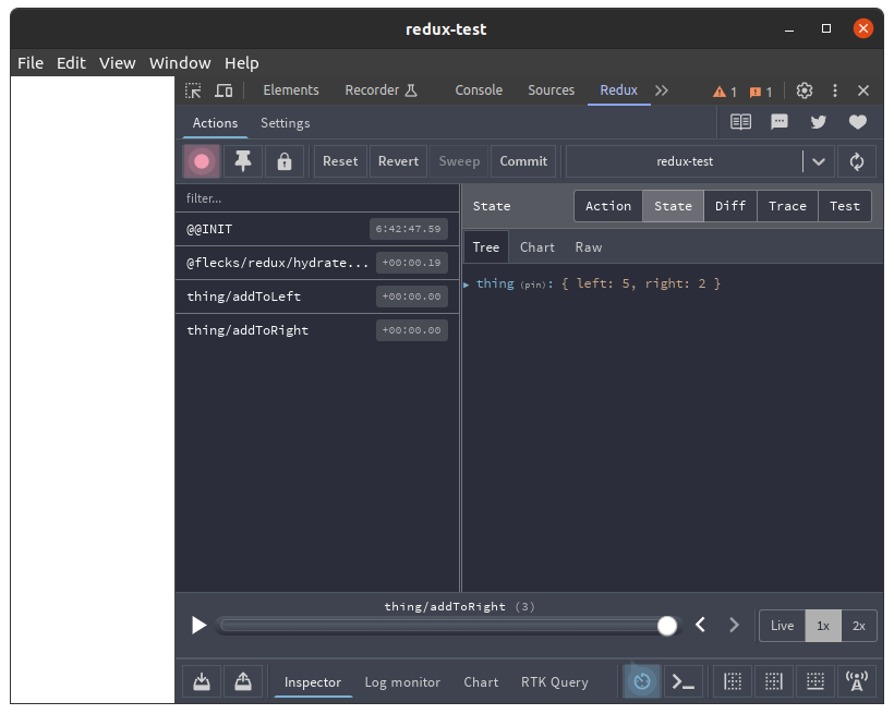 A screenshot showing our app running in Electron with devtools open to the Redux devtools tab with our state visible